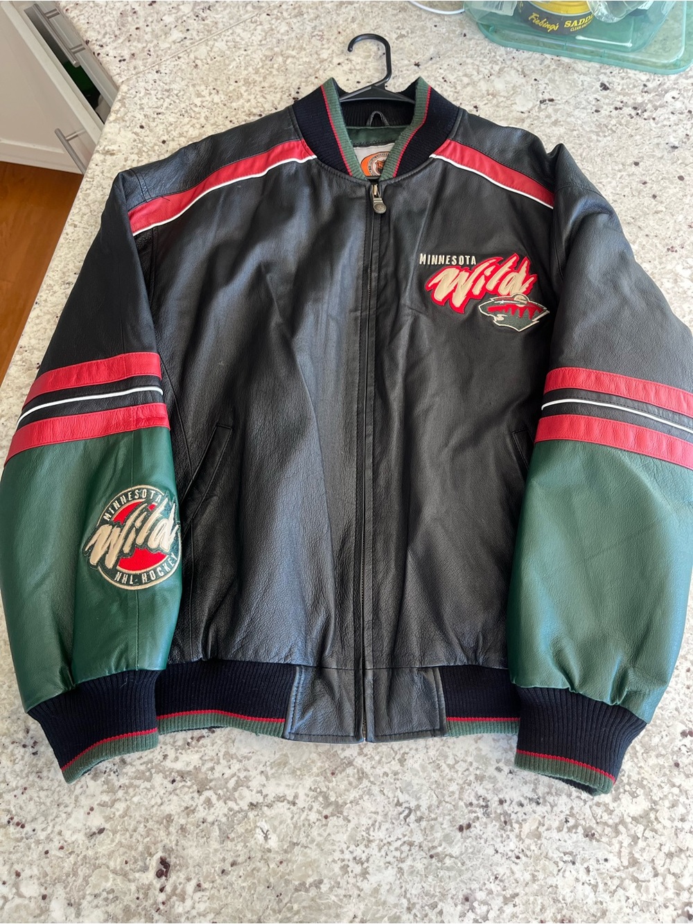 Vintage Carl Banks Minnesota Wild Leather Bomber Jacket - Black, Green & Red